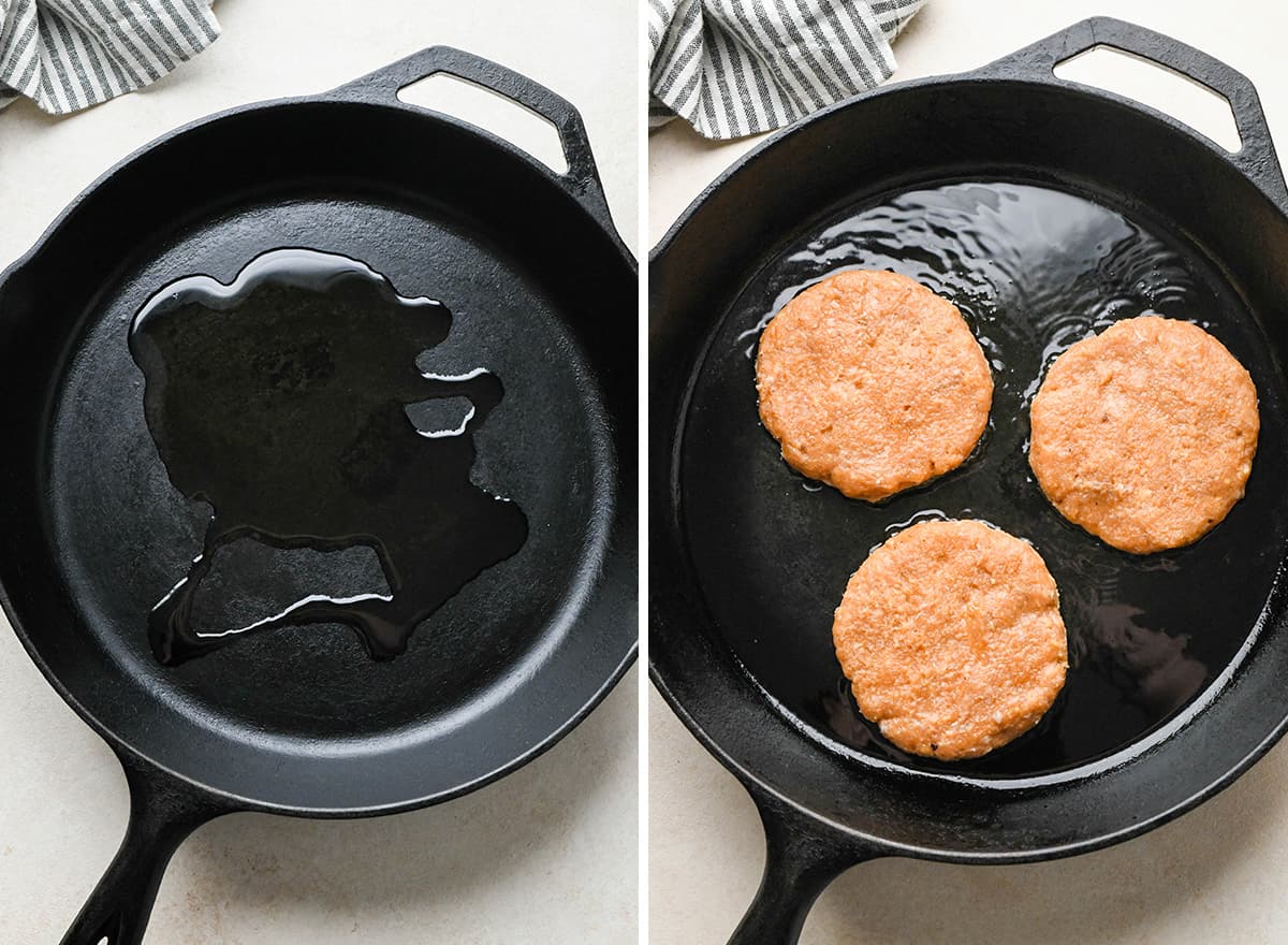 two photos showing how to cook Turkey Burgers in a cast iron skillet