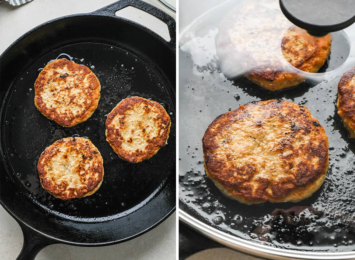two photos showing how to cook Turkey Burgers in a cast iron skillet