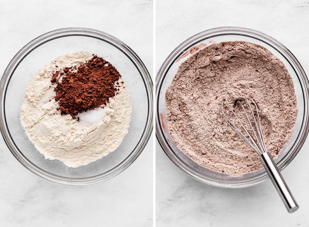 two photos showing mixing dry ingredients together to make Nutella Brownies