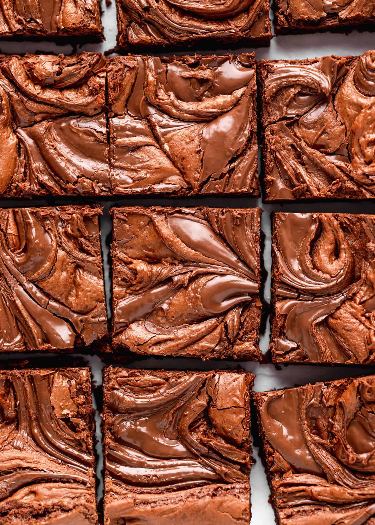 overhead photo of 9 Nutella Brownies cut into squares