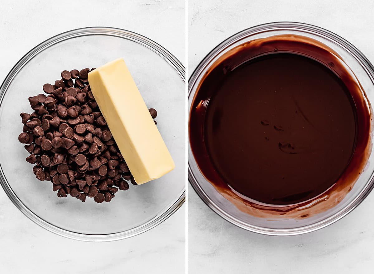 two photos showing melting butter and chocolate to make Nutella Brownies