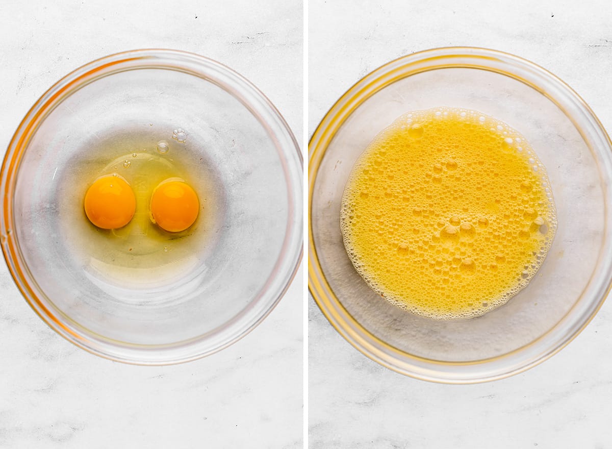 two photos showing beating eggs to make Nutella Brownies