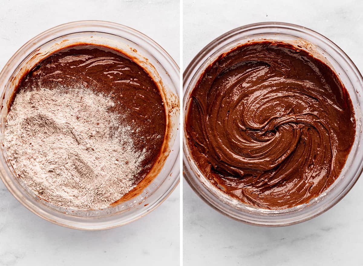 two photos showing Nutella Brownies - combining wet and dry ingredients