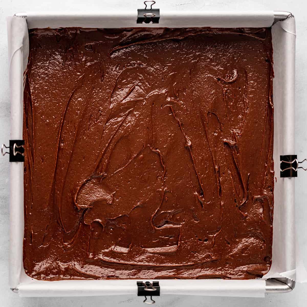 Nutella Brownies in a baking dish before baking