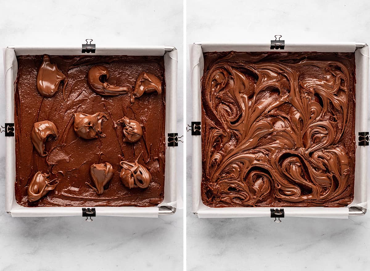 two photos showing how to make a nutella swirl in Nutella Brownies before baking