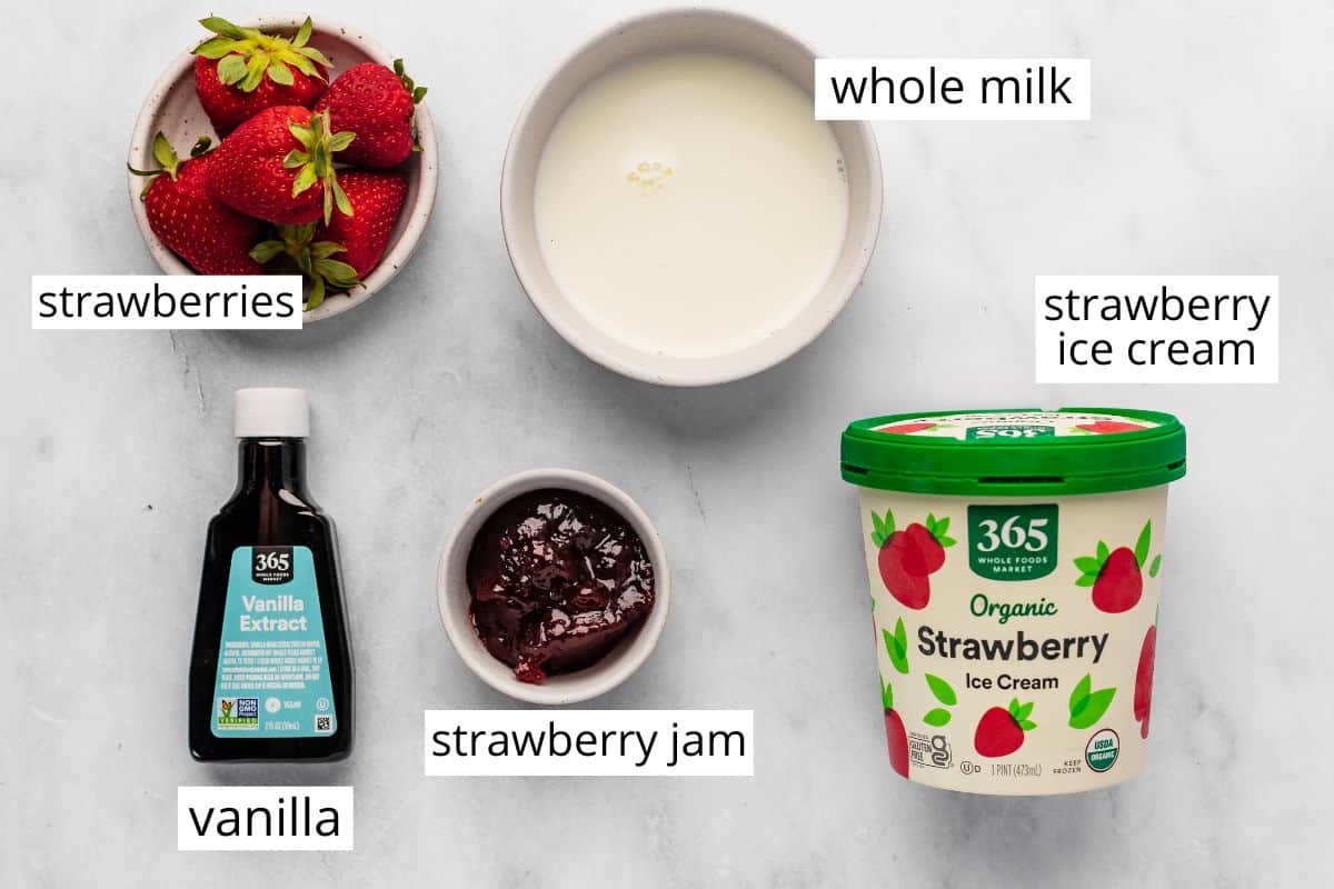 overhead photo of the ingredients in this Strawberry Milkshake recipe