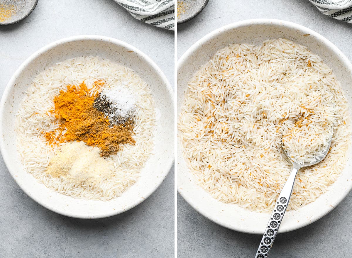 two photos showing how to make yellow Rice - mixing rice and spices 