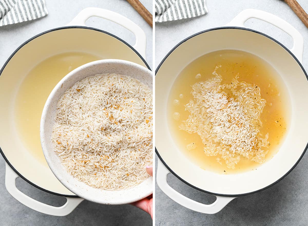 two photos showing how to make yellow Rice - adding rice and spices to boiling broth