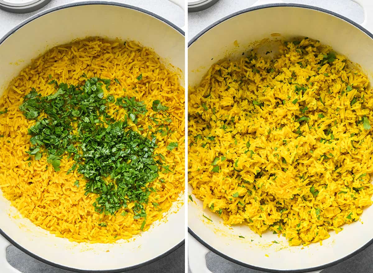 two photos showing how to make yellow Rice - stirring in cilantro
