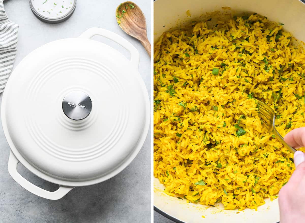 two photos showing how to make yellow Rice - fluffing with a fork
