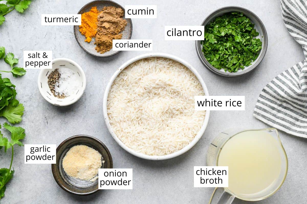 overhead photo of the ingredients in this yellow Rice recipe