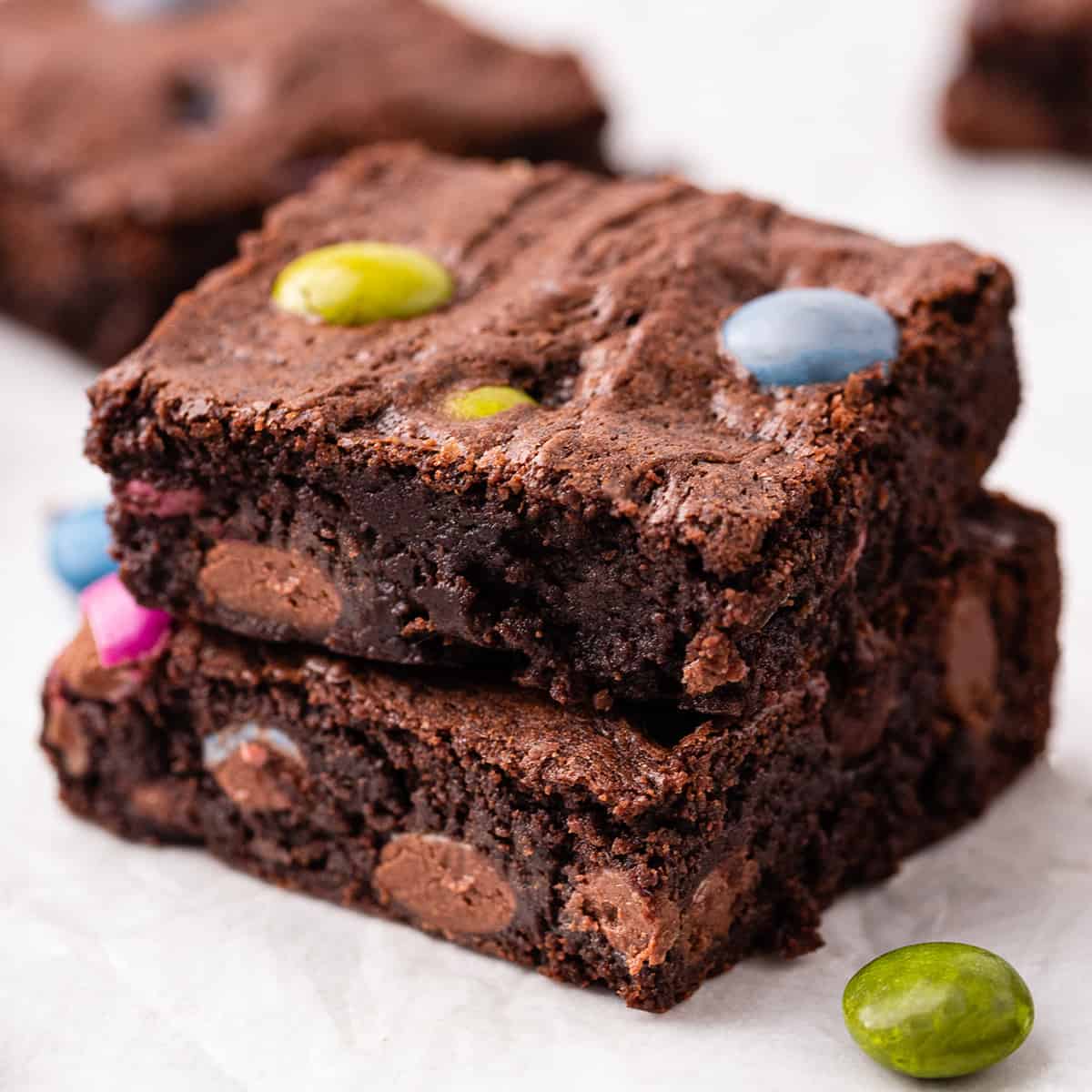 a stack of 2 M & M brownies
