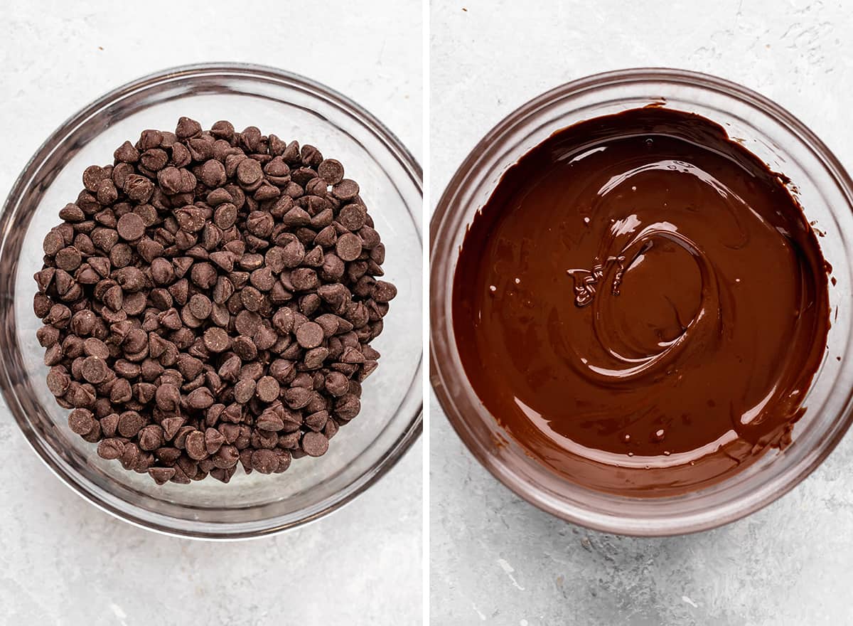 two photos showing chocolate in a glass bowl before and after melting