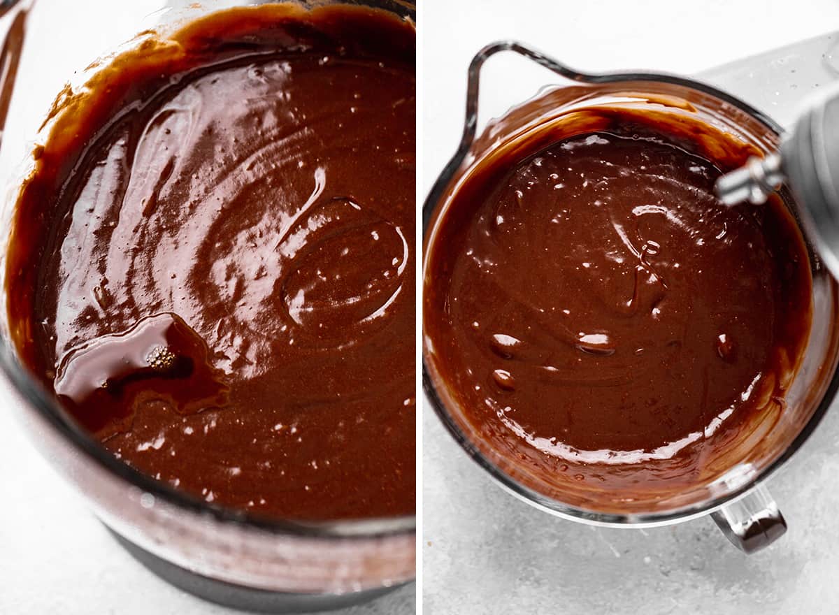 two photos showing How to Make Flourless Chocolate Cake - adding vanilla