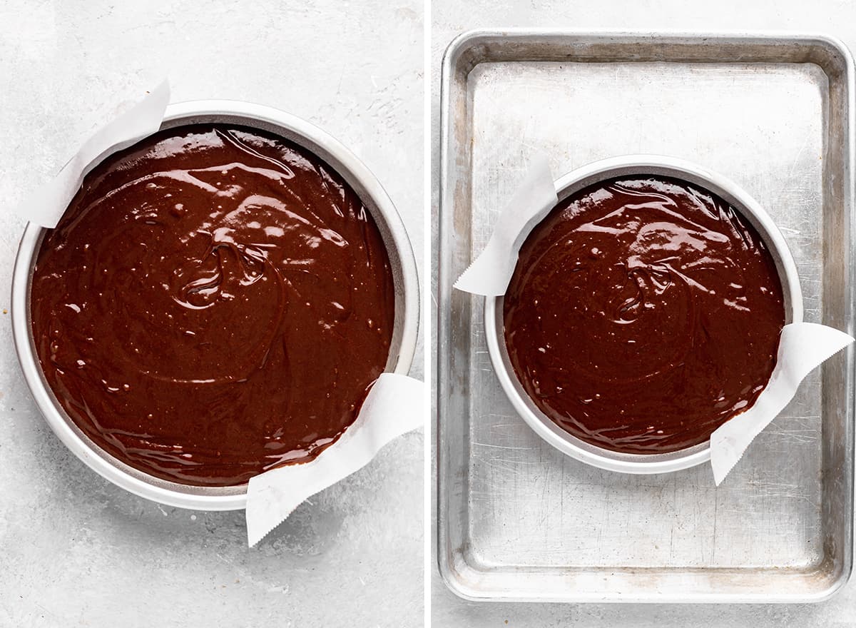 two photos showing How to Make Flourless Chocolate Cake - batter in a cake pan and that pan in a larger pan