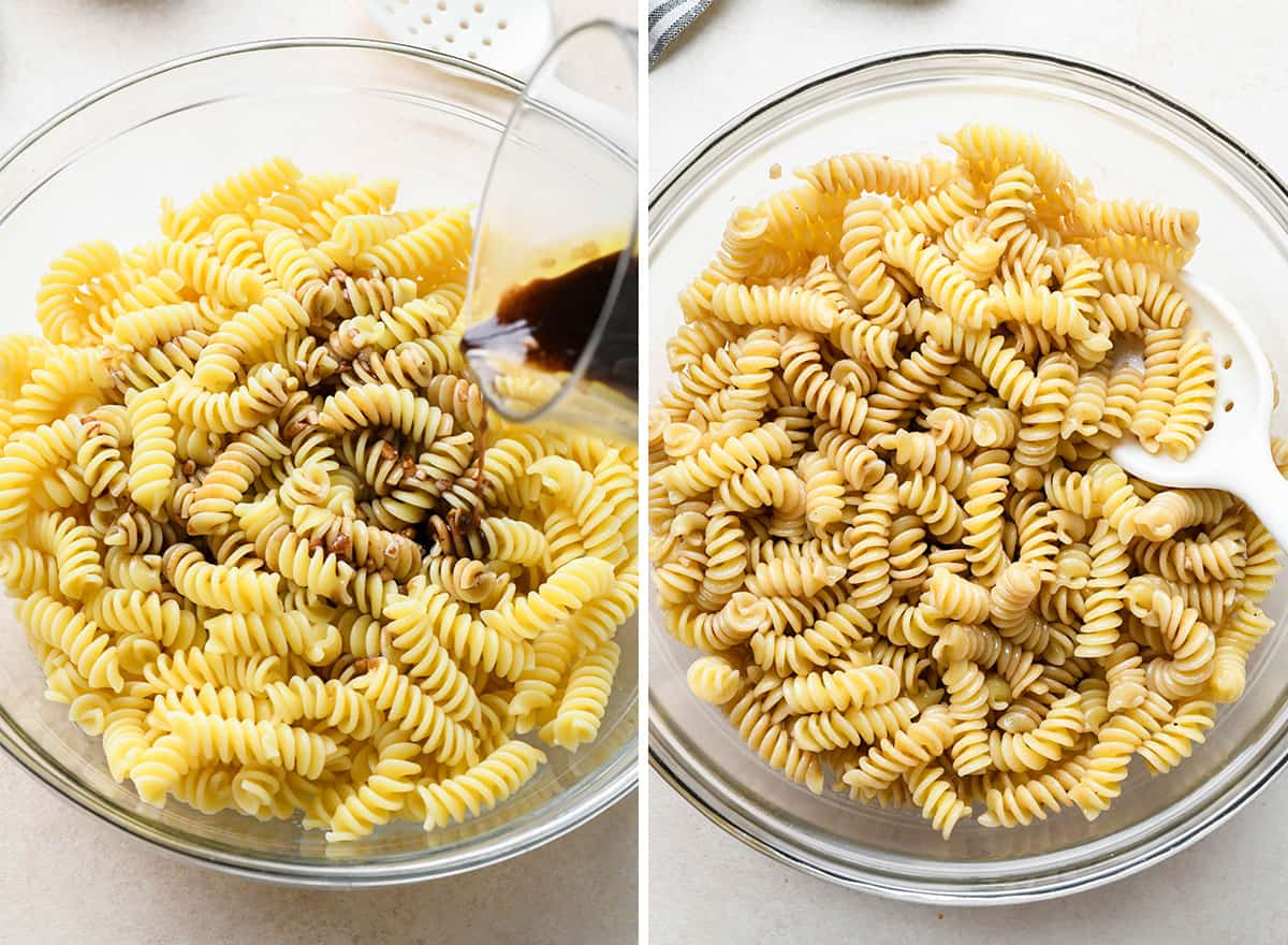 two photos showing tossing pasta with Caprese Pasta Salad dressing