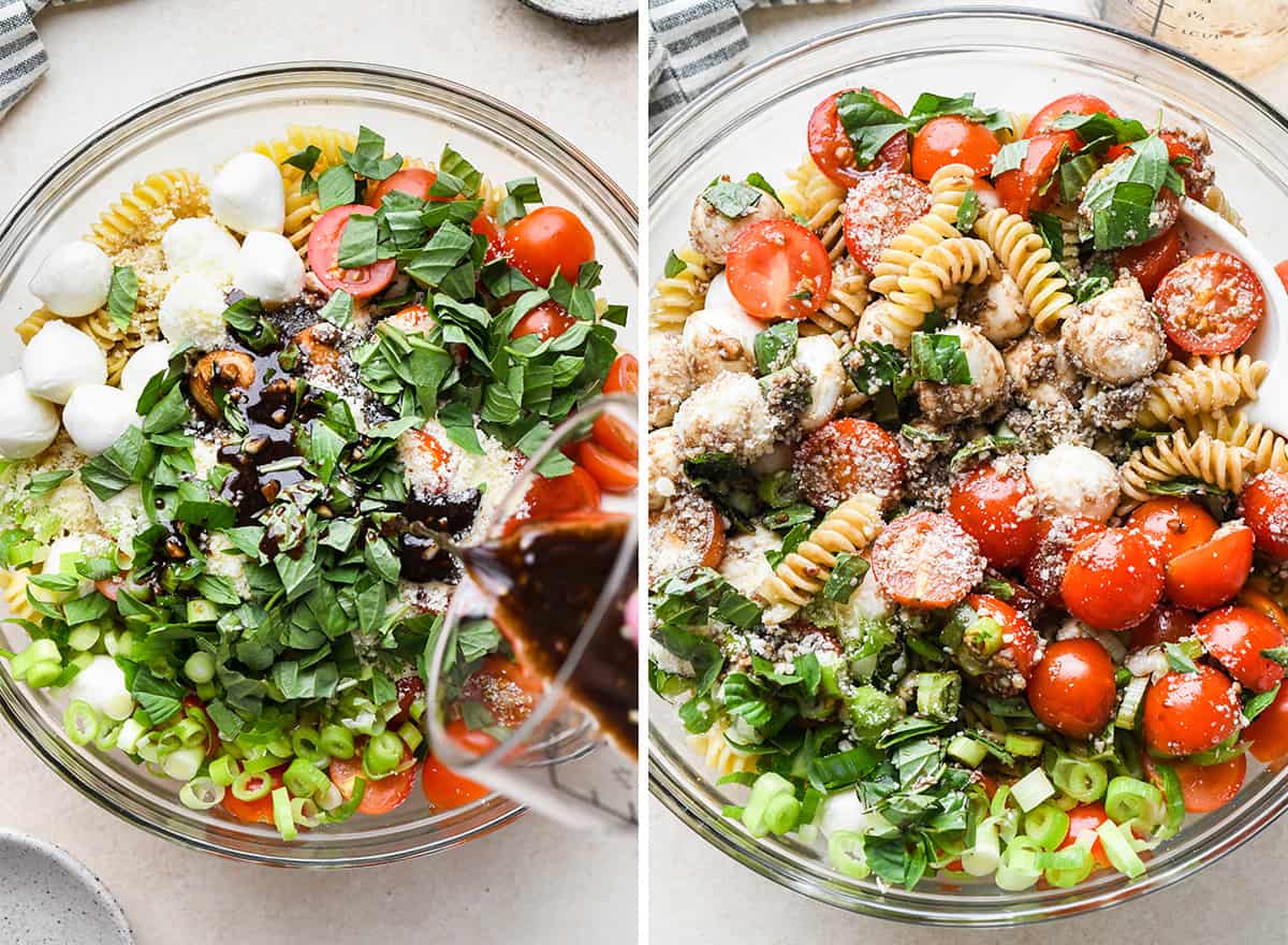 two photos showing adding the Caprese Pasta Salad ingredients to the pasta in a large bowl