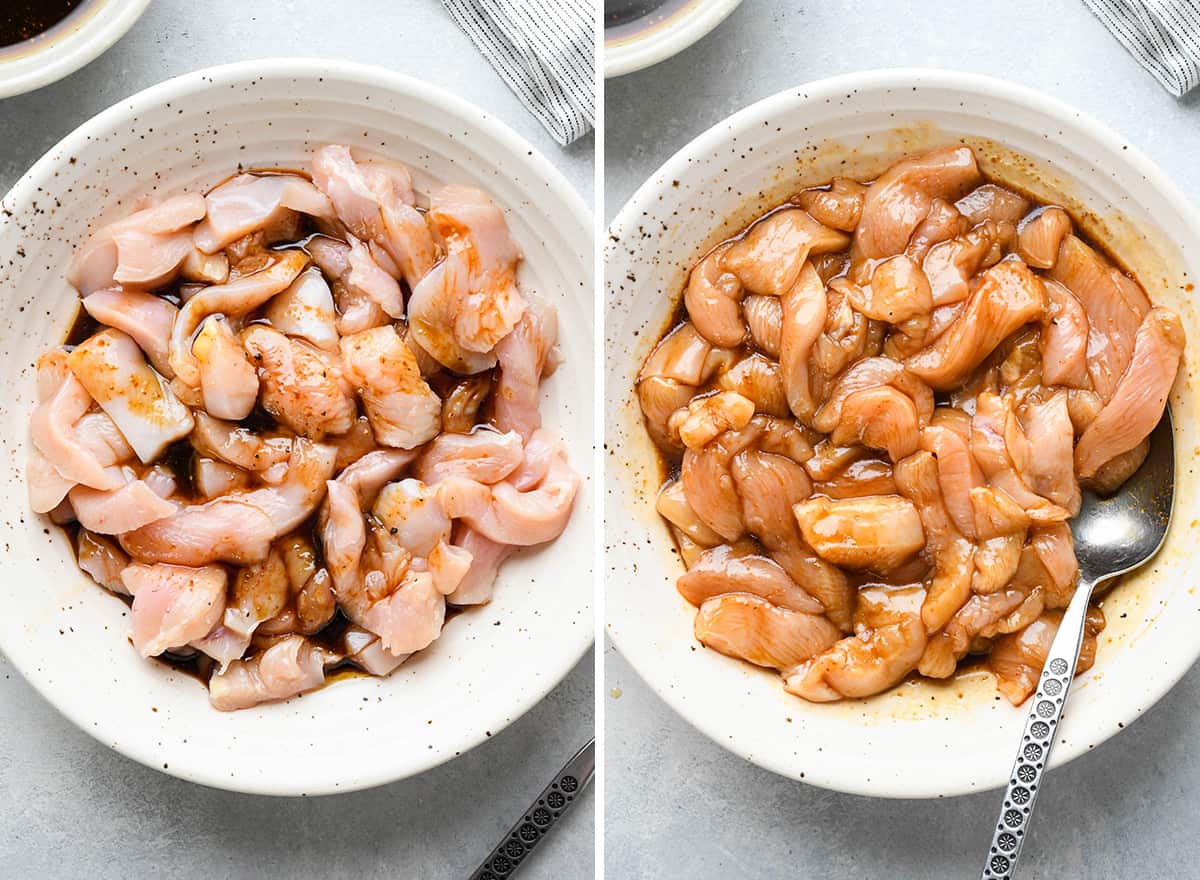 two photos showing chicken marinading to make Chicken Lo Mein