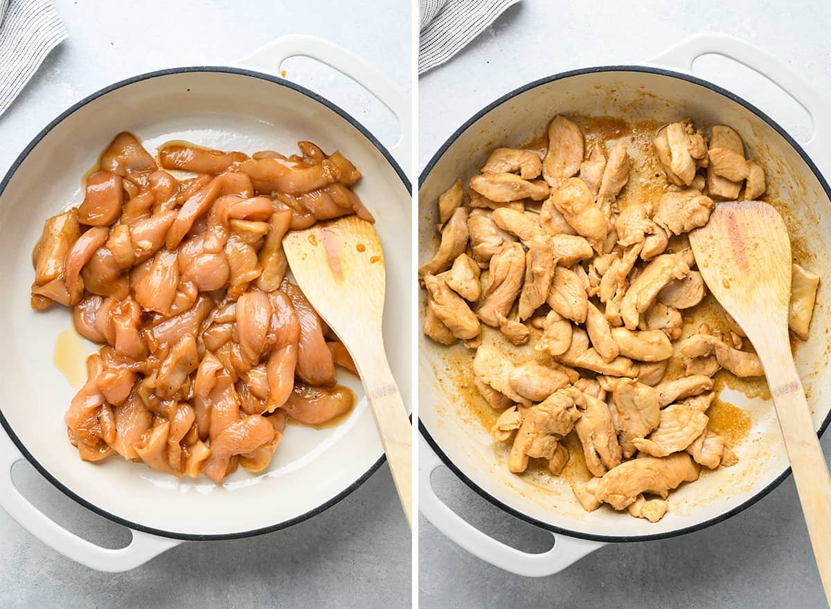 two photos showing how to cook chicken for Chicken Lo Mein