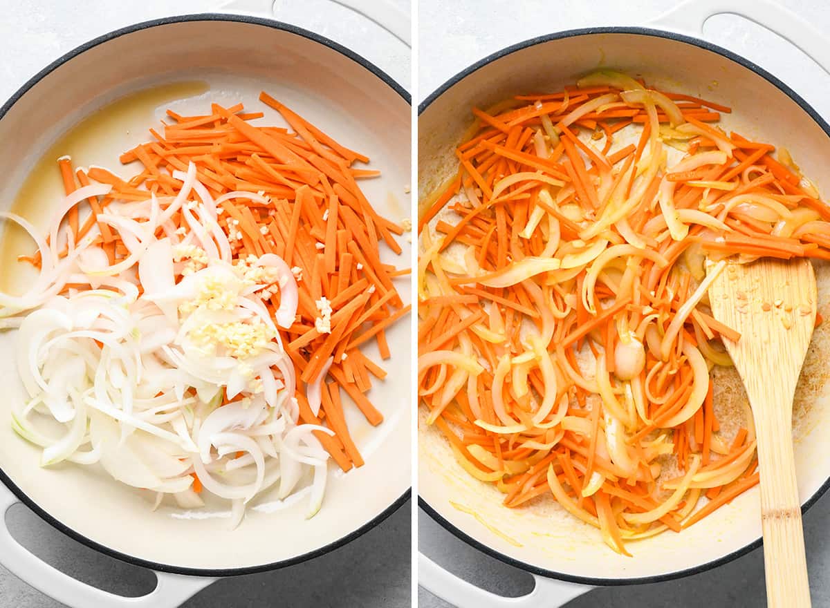 two photos showing how to make Chicken Lo Mein - cooking carrots, onion and garlic