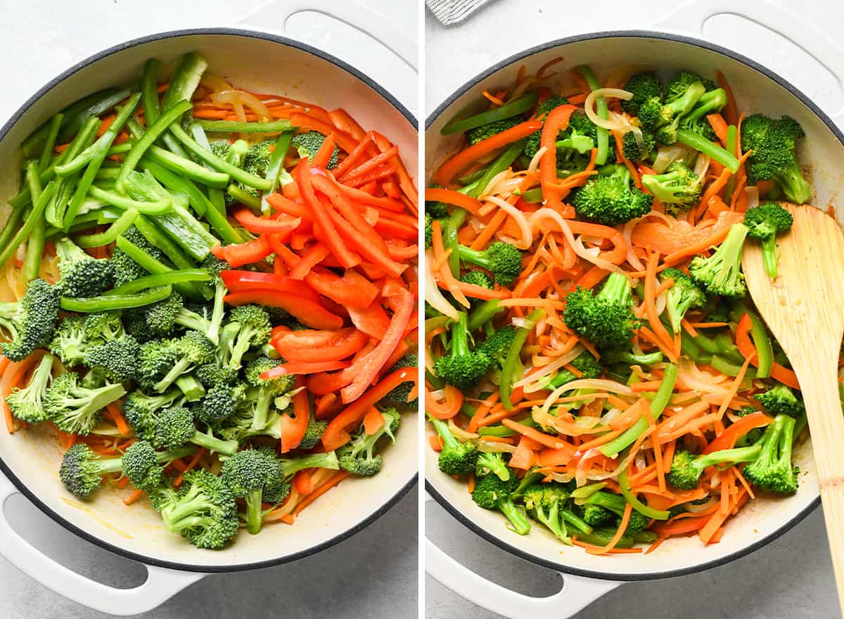 two photos showing how to make Chicken Lo Mein -adding peppers and broccoli