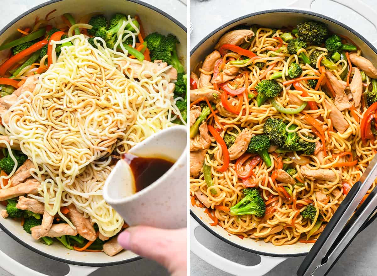 two photos showing how to make Chicken Lo Mein -adding noodles and sauce