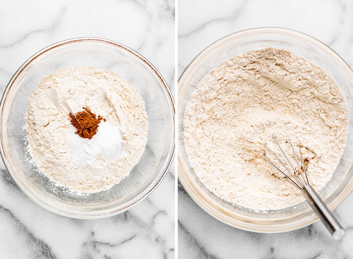 two photos showing how to make Cherry Cookies - combining dry ingredients