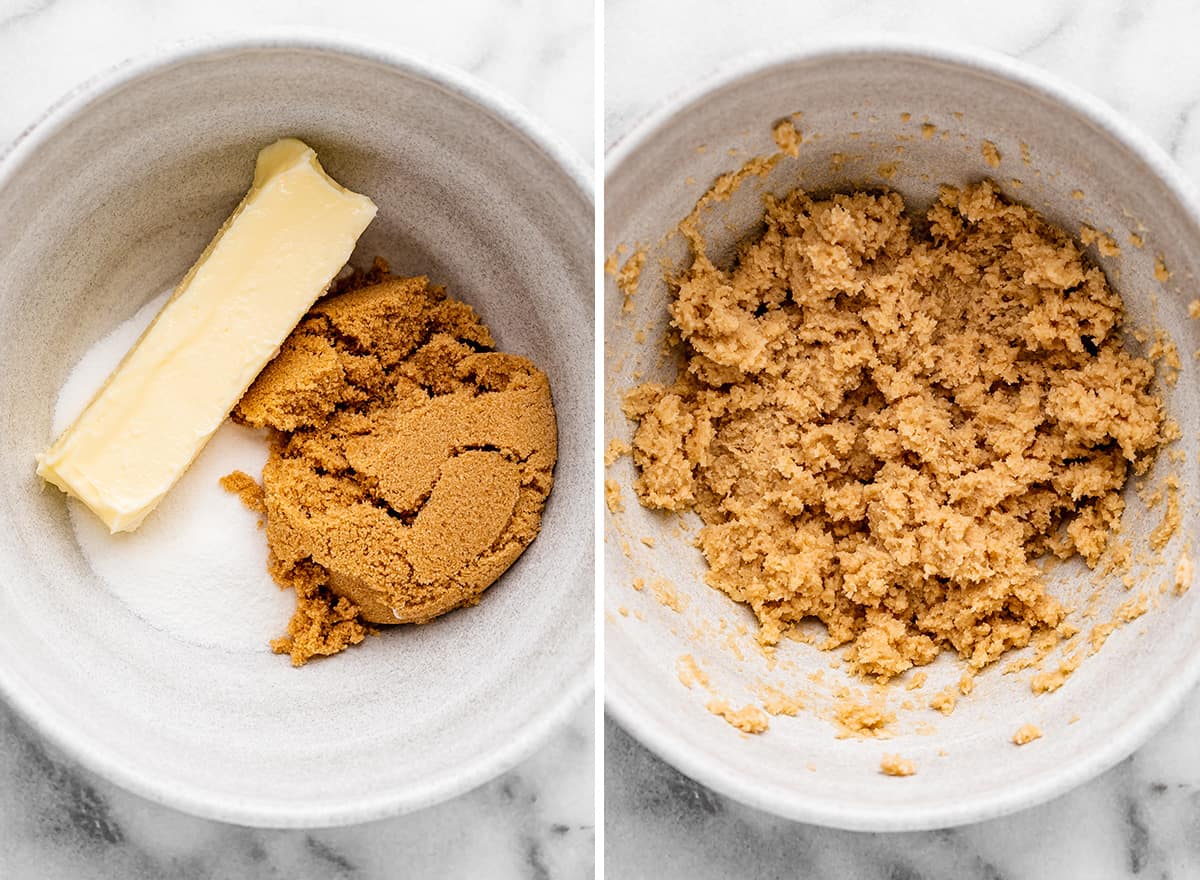 two photos showing how to make Cherry Cookies - beating butter and sugars