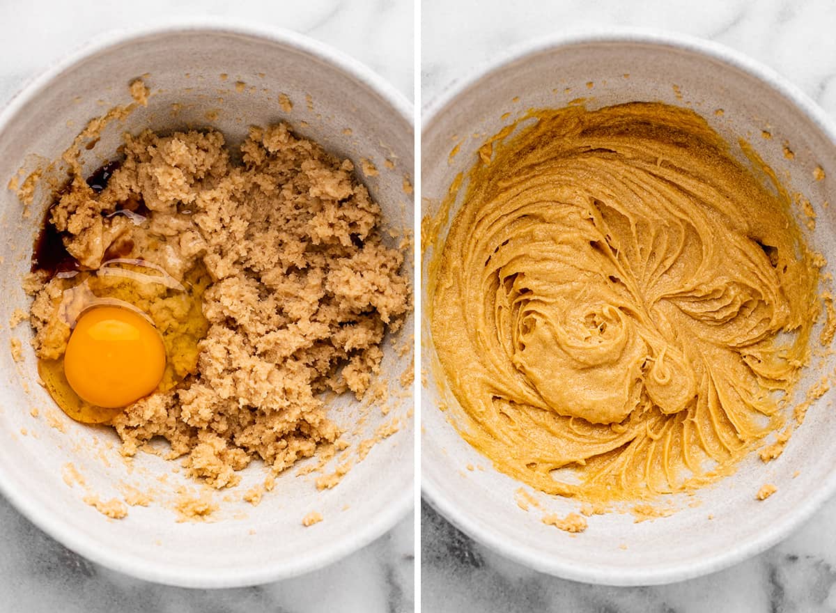 two photos showing how to make Cherry Cookies - beating in egg and vanilla