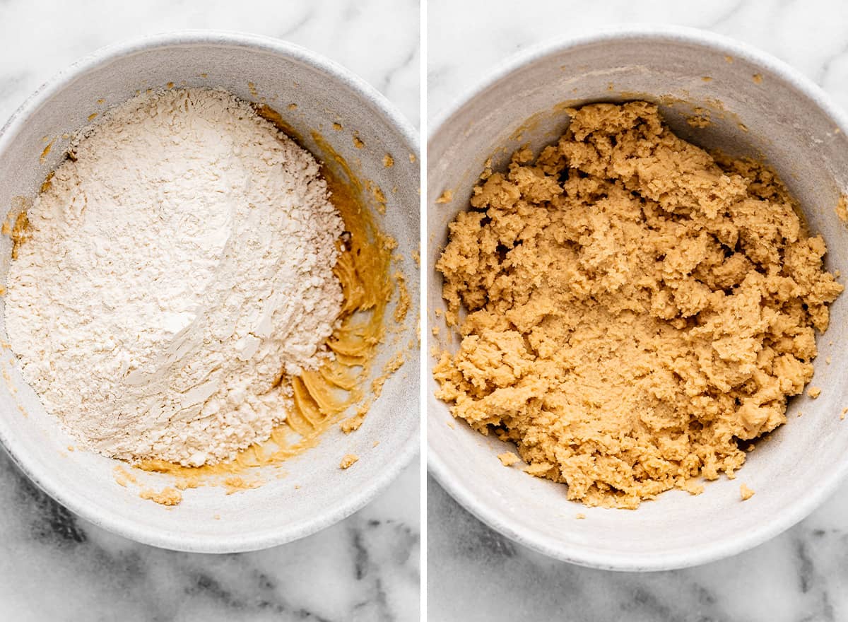 two photos showing how to make Cherry Cookies - combining wet and dry ingredients