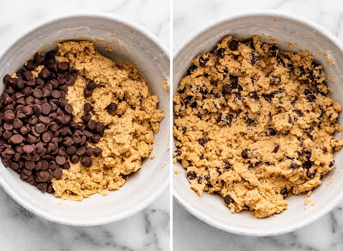 two photos showing how to make Cherry Cookies - stirring in chocolate chips