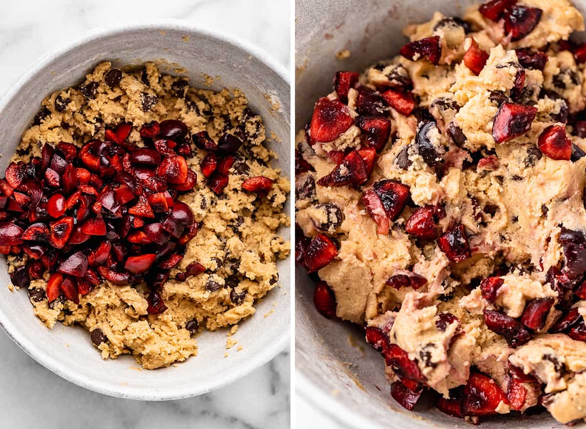 two photos showing how to make Cherry Cookies - folding in cherries