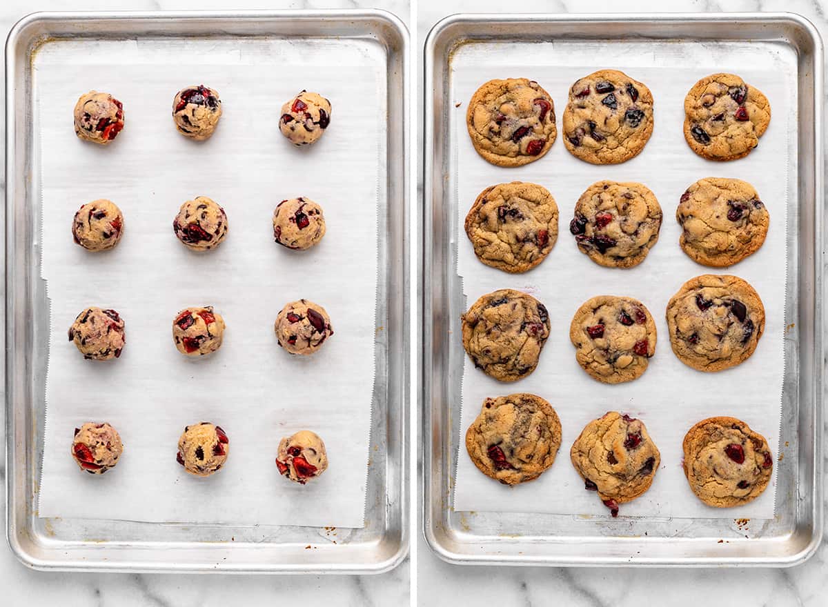 two photos showing how to make Cherry Cookies - on a baking sheet before and after baking