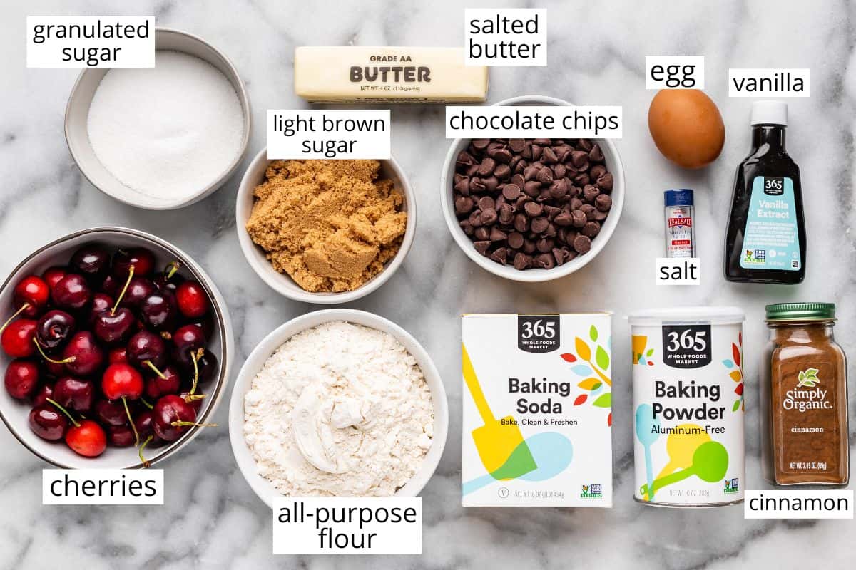 overhead photo of the labeled ingredients in this Cherry Cookies recipe 