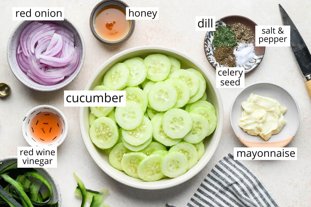 the labeled ingredients in bowls for this Cucumber Salad recipe