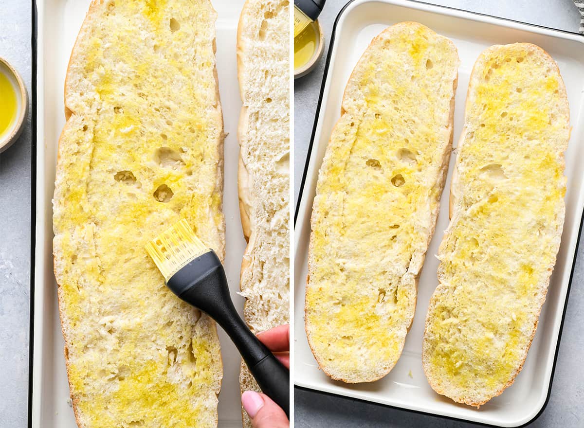 two photos showing brushing olive oil onto french bread to make french bread pizzas