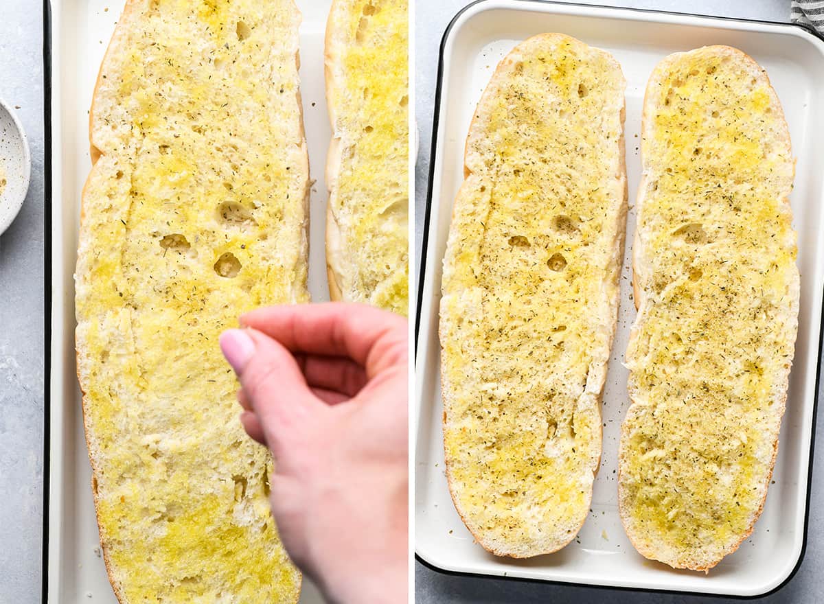 two photos showing sprinkling seasoning onto french bread