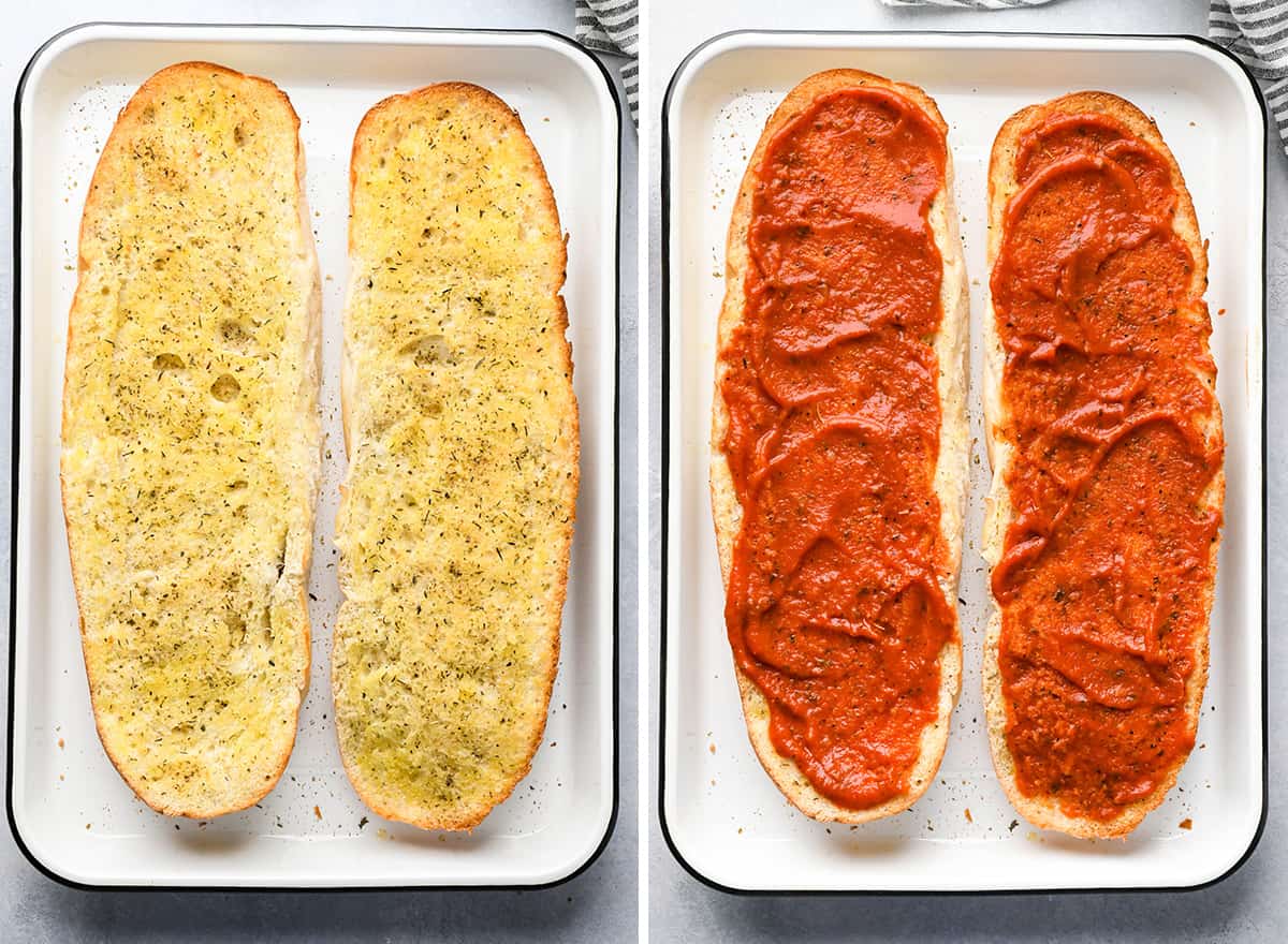 two photos showing How to Make French Bread Pizza - spreading sauce on partially baked bread