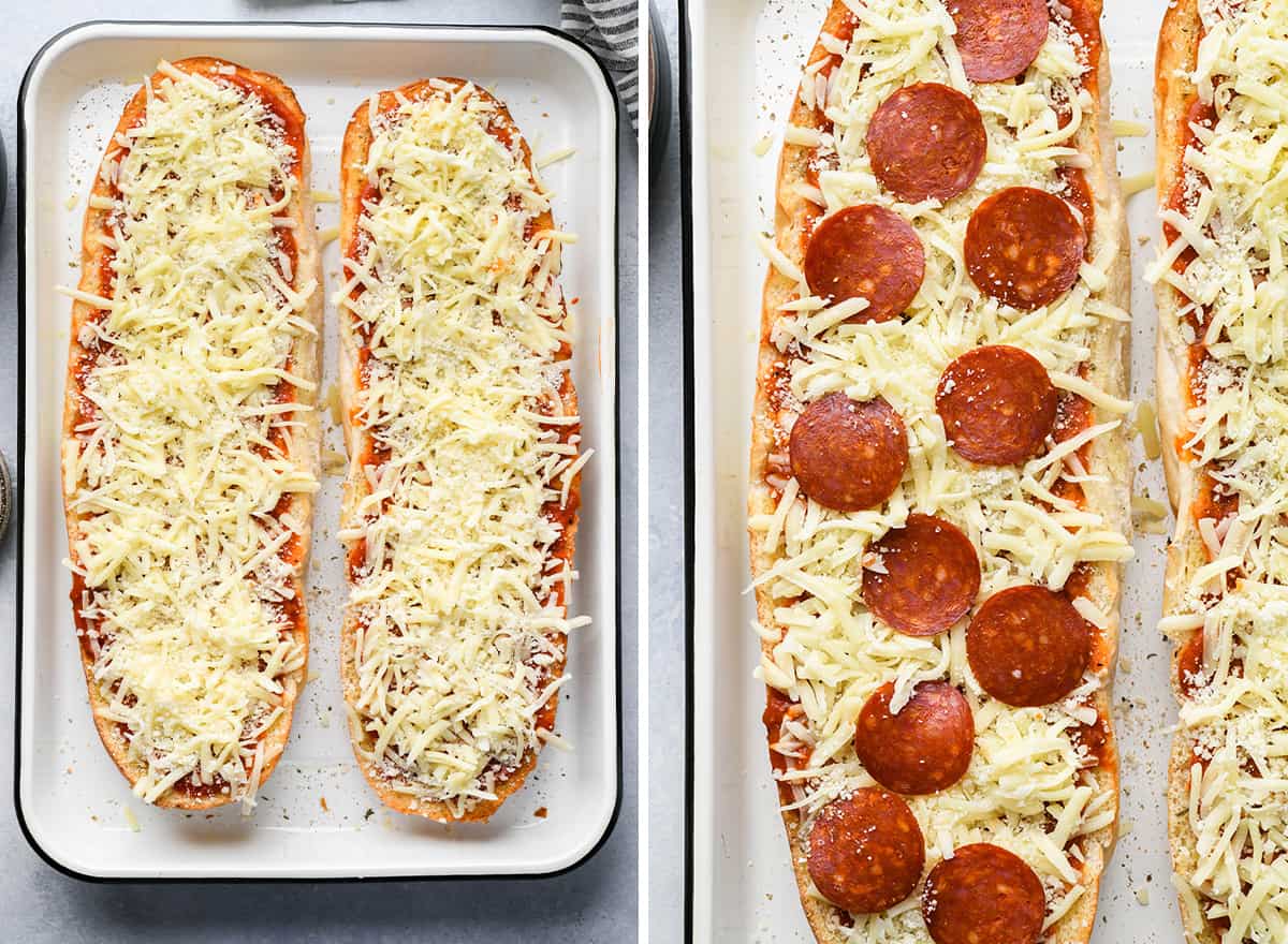 two photos showing french bread pizza topped with cheese and pepperoni before baking