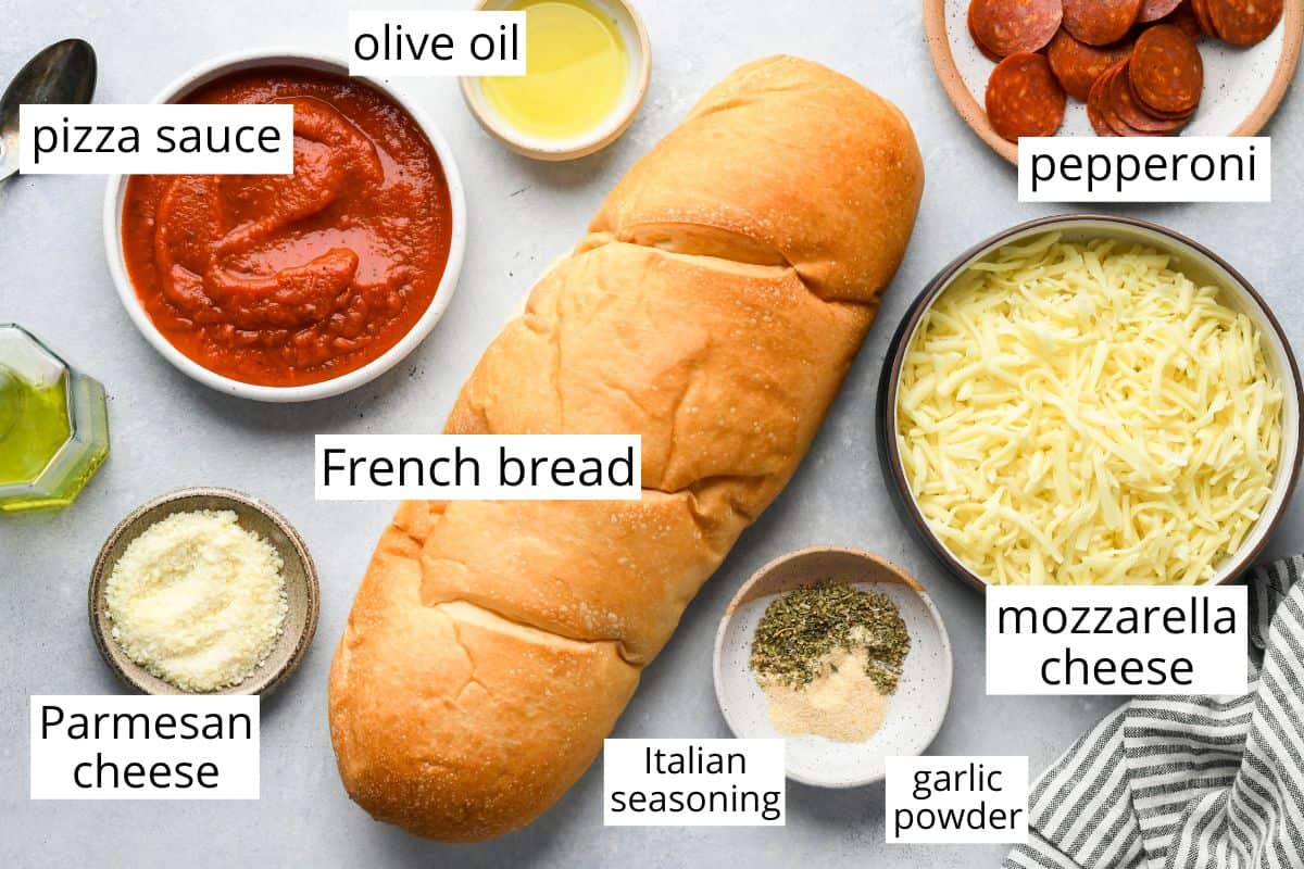 overhead photo of the ingredients in this French Bread Pizza recipe