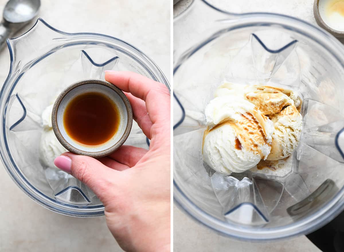 two photos showing vanilla extract being poured over Vanilla Milkshake ingredients in a blender