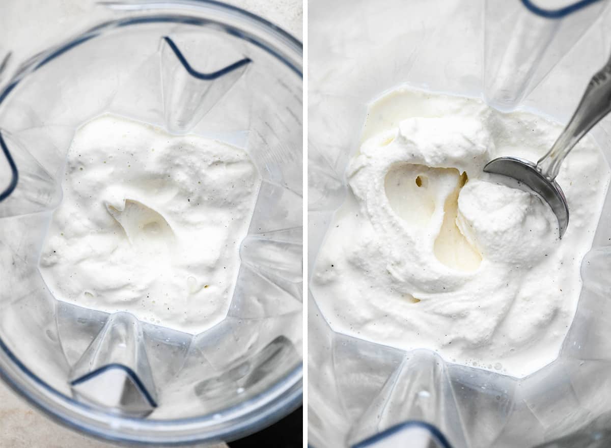 two photos showing Vanilla Milkshake after blending in a blending contianer