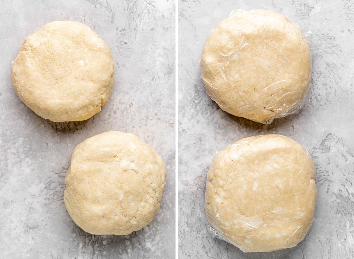 two photos showing apple pie crust formed into discs and wrapped in plastic wrap