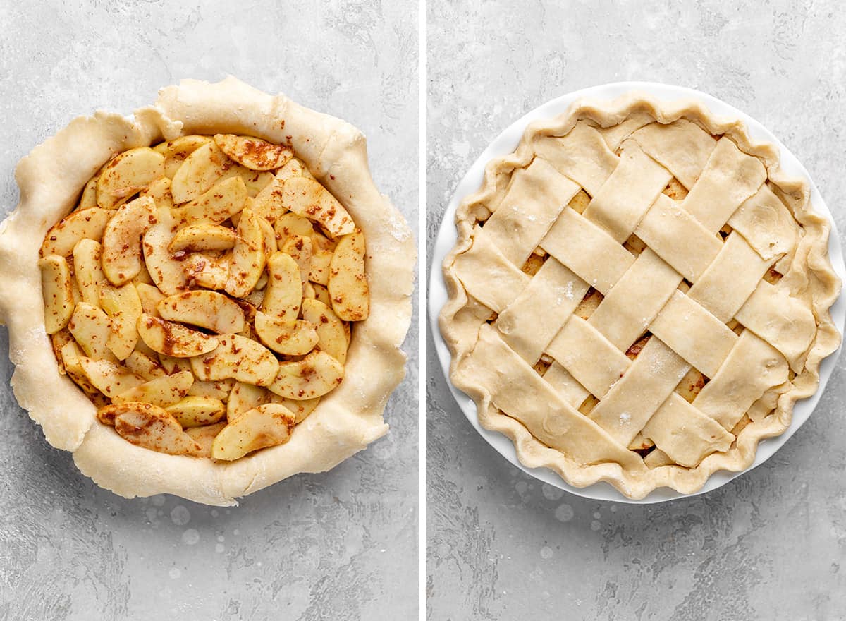 two photos showing how to assemble apple pie