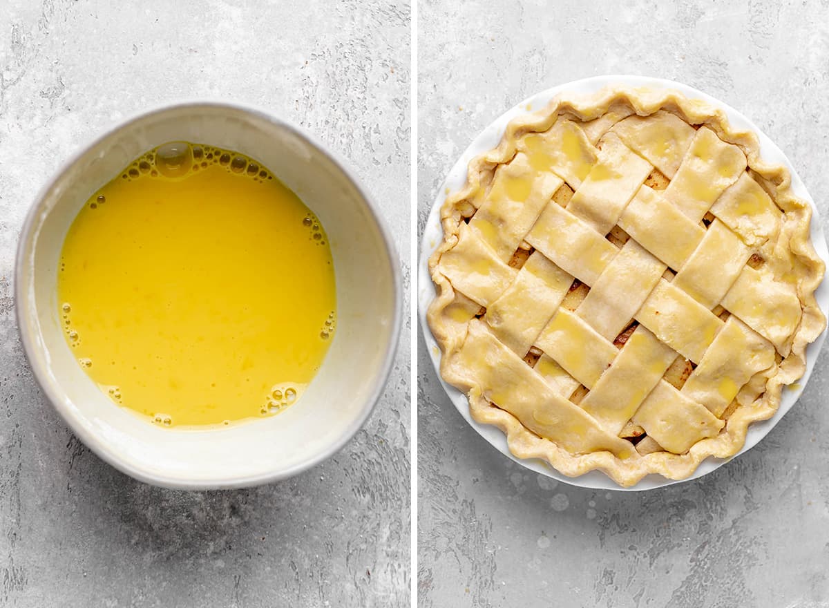 two photos showing egg wash for apple pie