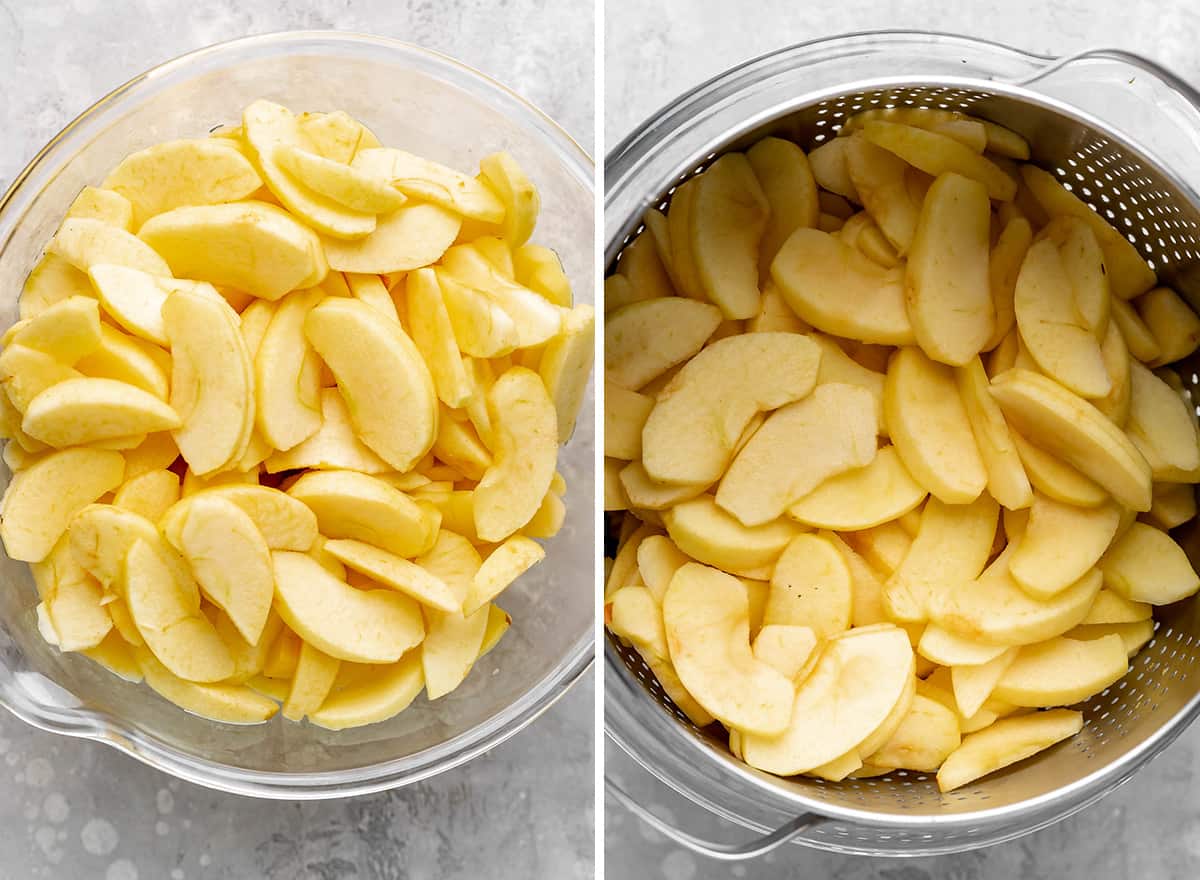two photos showing How to Make Apple Pie - apples after cooking then draining in a colander