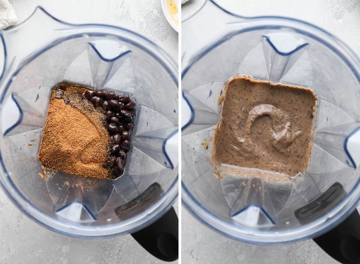 two photos showing how to make black bean brownies - blending in a vitamix