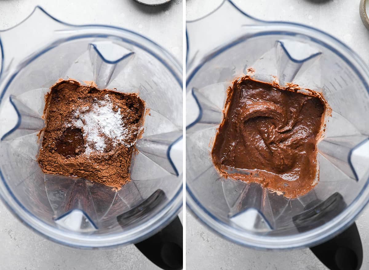two photos showing how to make black bean brownies - blending in a vitamix
