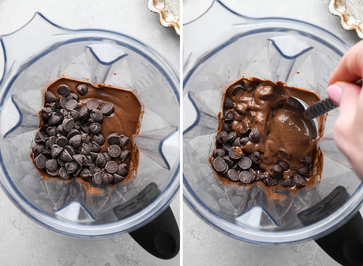 two photos showing how to make black bean brownies - adding chocolate chips