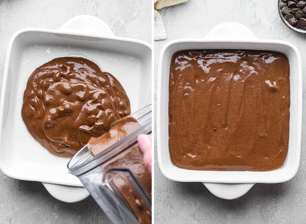 two photos showing pouring the black bean brownies batter into a baking dish